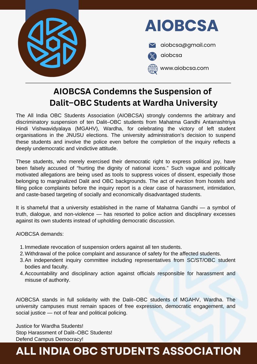 AIOBCSA strongly condemns the suspension of Dalit–OBC students at Wardha University. We urge the University administration to uphold the democratic spirit of the campus, revoke the suspension, and withdraw all cases filed against the students.
<a href="/EduMinOfIndia/">Ministry of Education</a> <a href="/dpradhanbjp/">Dharmendra Pradhan</a>