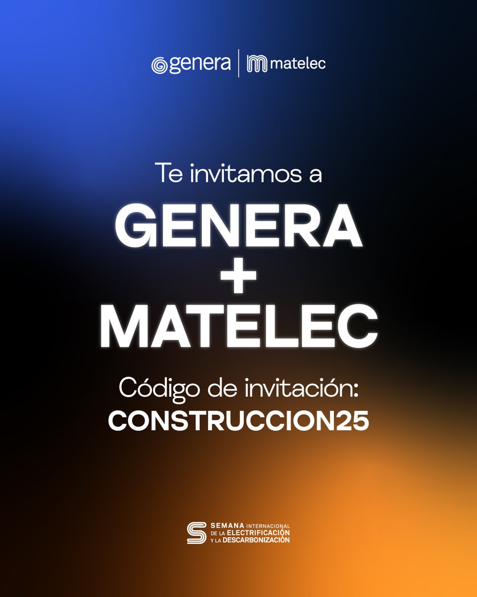 ➡️ Si formas parte de la Semana Internacional de la Construcción, no te pierdas <a href="/FeriaGenera/">GENERA</a> y <a href="/Matelec_/">Matelec</a>, Semana Internacional de la Electrificación y la Descarbonización del 18 al 20 de noviembre en <a href="/IFEMA/">IFEMA MADRID</a> MADRID.

Código de invitación desde la web: CONSTRUCCION25
