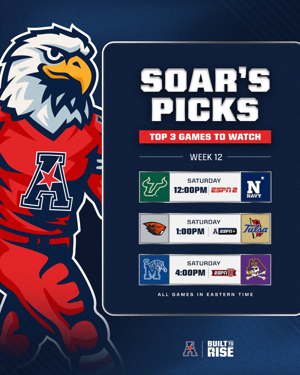 🦅 Soar’s Week 12 Games To Watch🔥   

Clear your schedule because it’s a full weekend of American action 🏈🔥

1⃣@usffootball vs. <a href="/NavyFB/">Navy Football</a> 
2⃣Oregon State. vs. <a href="/TulsaFootball/">Tulsa Football</a> 
3⃣<a href="/MemphisFB/">Memphis Football</a> vs. <a href="/ECUPiratesFB/">ECU Football</a> 

#BuiltToRise x <a href="/American_Conf/">The American</a>
