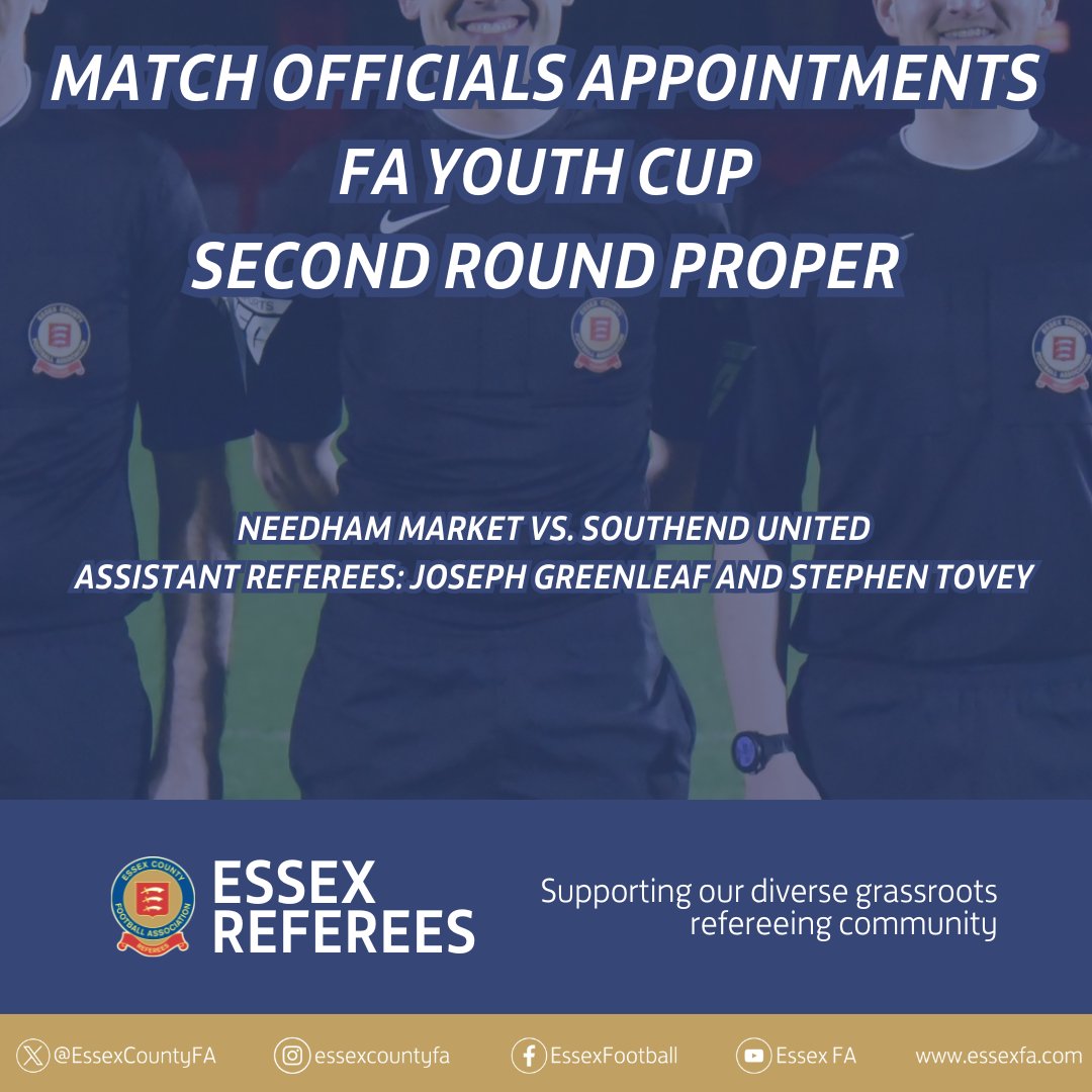 🏆 Congratulations to the 2⃣ <a href="/EssexCountyFA/">Essex County FA</a> match officials who have been appointed to The FA Youth Cup Second Round Proper.