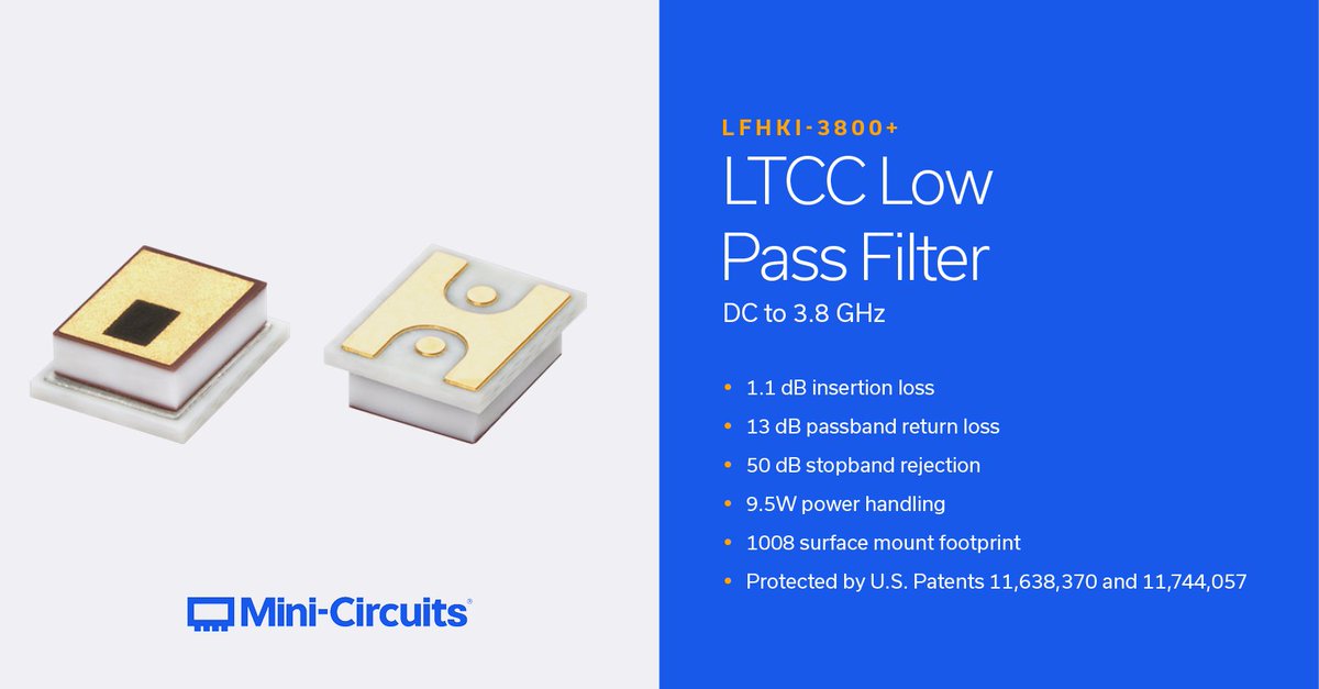 MiniCircuits's tweet image. LFHKI-3800+ is an LTCC low pass filter with a DC to 3.8 GHz passband supporting a variety of applications. This model provides 1.1 dB typical insertion loss over a wide band due to its rugged monolithic construction.

hubs.ly/Q03Nycgp0

#rf #ltcc #engineering