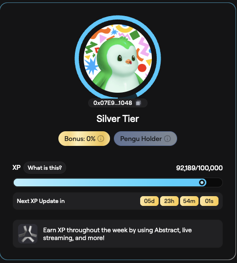 Will I become Gold next Tuesday? Hope so, can't wait! Using <a href="/AbstractChain/">Abstract</a> fully this week, mostly playing games! <a href="/pudgypenguins/">Pudgy Penguins</a> $PENGU