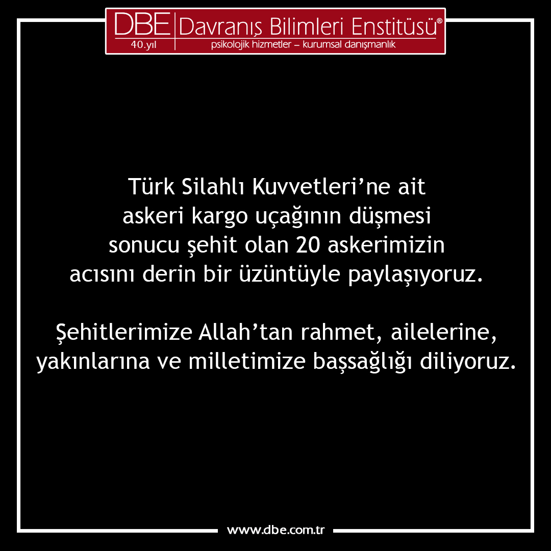 Türk Silahlı Kuvvetleri’ne ait askeri kargo uçağının düşmesi sonucu şehit olan 20 askerimizin acısını derin bir üzüntüyle paylaşıyoruz.

Şehitlerimize Allah’tan rahmet, ailelerine, yakınlarına ve milletimize başsağlığı diliyoruz.