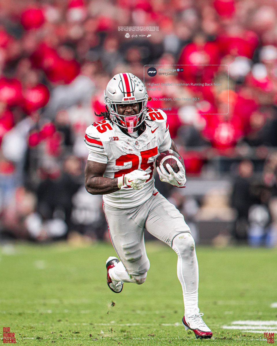 Bo Knows Ball <a href="/BoJackson2025/">Bo Jackson</a> 😤
    
Highest Graded <a href="/PFF_College/">PFF College</a> Freshman RB from Week 11, 8️⃣0️⃣.1️⃣