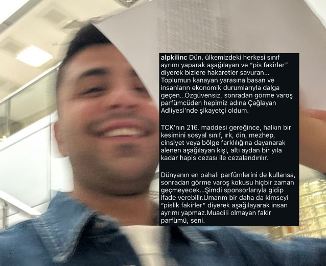 populicc's tweet photo. Sosyal medya fenomeni Alp Kılınç. "Fakirlerle aynı kokmamak için parfümlere o kadar para veriyoruz." diyen Yasemin Arı'dan şikayetçi olduğunu açıkladı.

 "Dünyanın en pahalı parfümlerini de kullansa, sonradan görme varoş kokusu hiçbir zaman geçmeyecek." https://t.co/nvJhgS3JAF