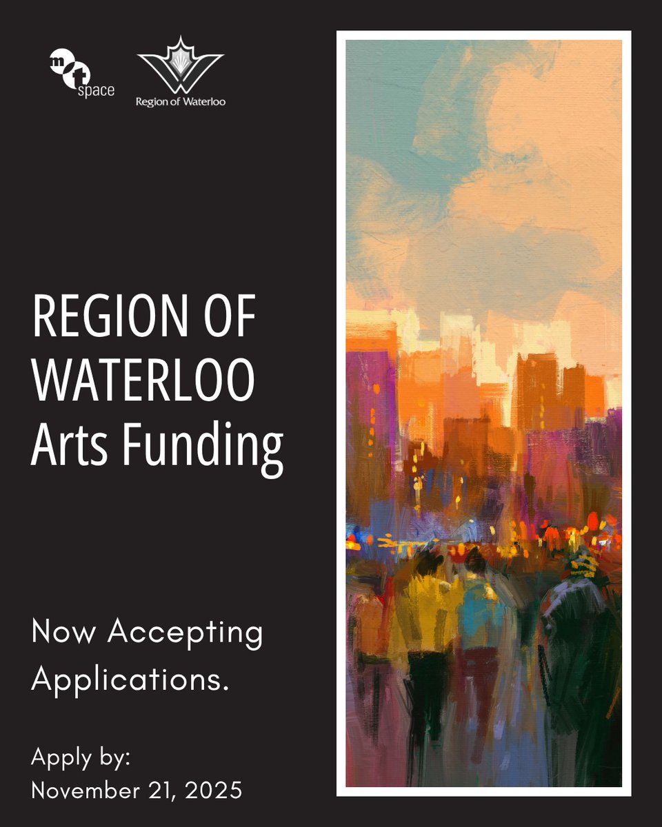 CreateWaterloo's tweet image. 🎨💸 Applications close soon for Region of Waterloo Arts Funding!

Through this program, $265K in #funding is available for local artists, collectives &amp;amp; arts organizations to help with their 2026 #art projects.

📅 Apply by November 21, 2025

How to apply: bit.ly/4otIFi6
