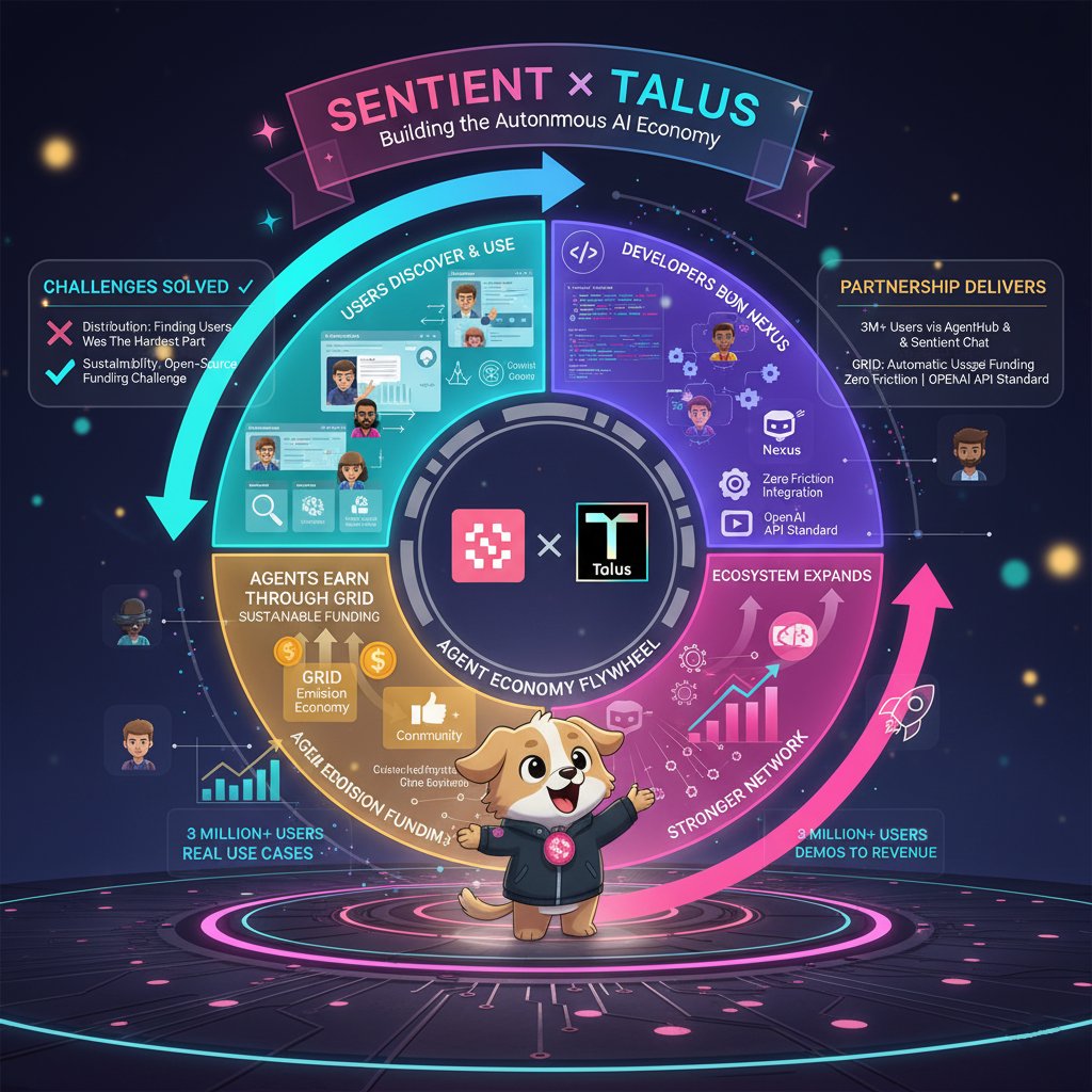 masterygt07's tweet image. The partnership between @SentientAGI and @Talus_Labs solves the biggest challenges in the AI agent world: distribution and sustainability.

The main challenge for AI agent developers isn't technical, it’s finding users. You can build a great agent, but reaching people who will…