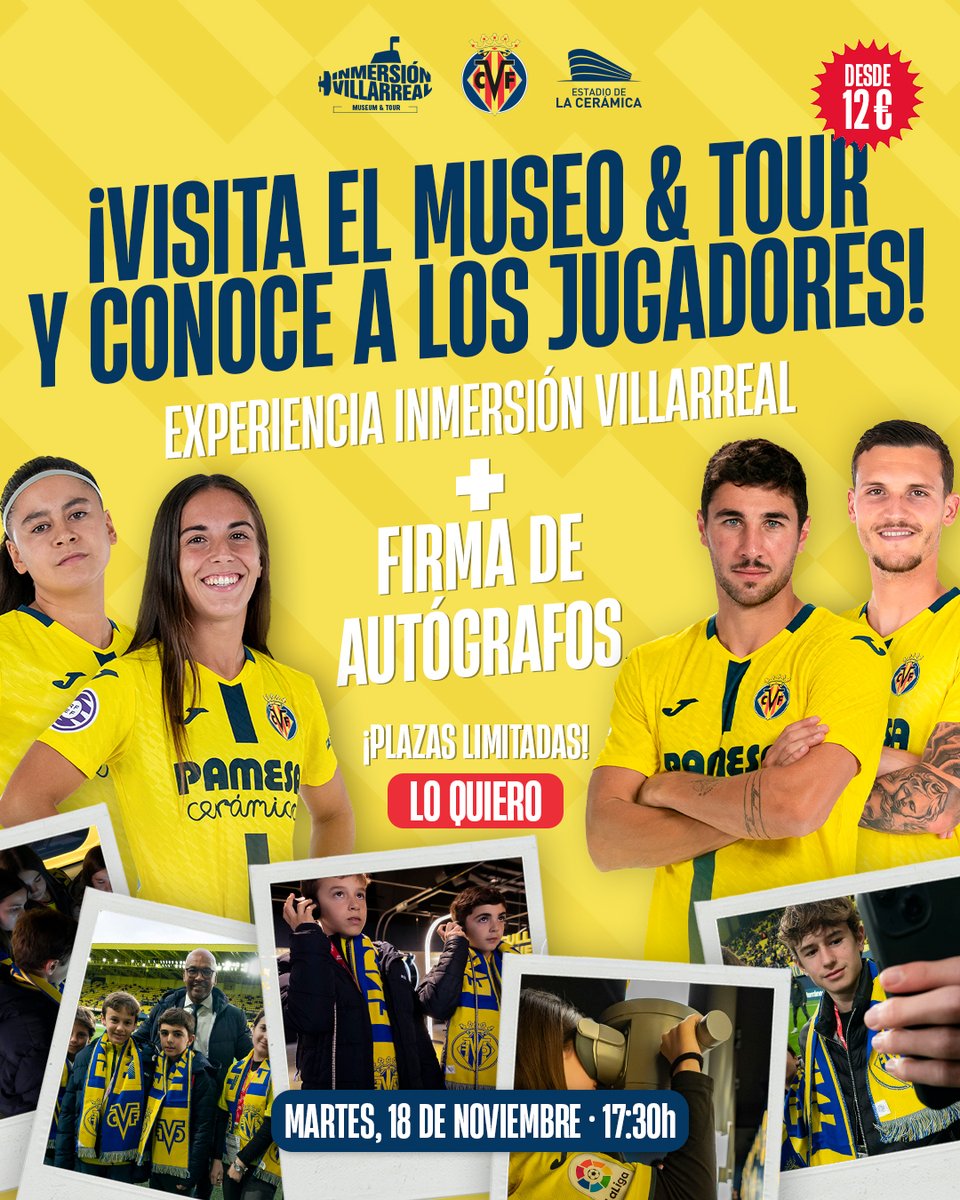 ¡Vive una experiencia única 💛!

Visita el Museo &amp; Tour y conoce a los jugadores en Inmersión Villarreal.

Consigue tus entradas para el martes 18 de noviembre aquí 👇

tickets.oneboxtds.com/villarrealcf_e…