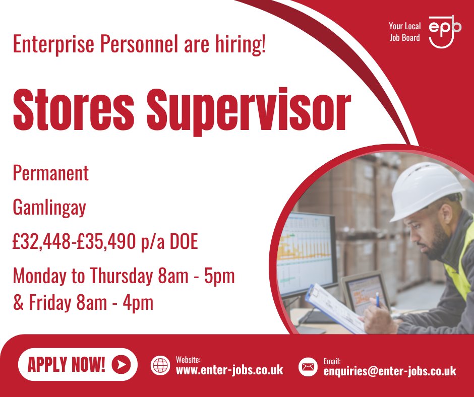 EnterJobs's tweet image. Enterprise Personnel&apos;s client are recruiting a Stores Supervisor in Gamlingay.
Apply now via our website! 

#supervisorjobs #SupervisorRole #FactoryManagement #warehousemanagement #ManagementJobs #WarehouseJobs #warehousework #factorywork #factoryjobs #gamlingay #cambridgeshire