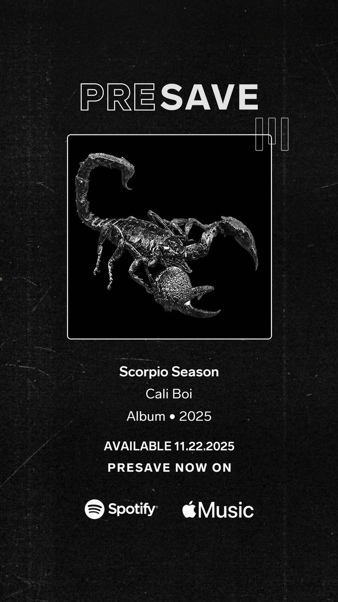 CaliBoi18's tweet photo. It’s almost time.
Scorpio Season 🦂
Beat Tape EP drops 11.22.25
Pre-save link in bio.
#CaliBoi #ScorpioSeason #NewEP #NewAlbum #Spotify #AppleMusic #YouTubeMusic #BeatTape #Instrumentals https://t.co/QMKqtHNDoW