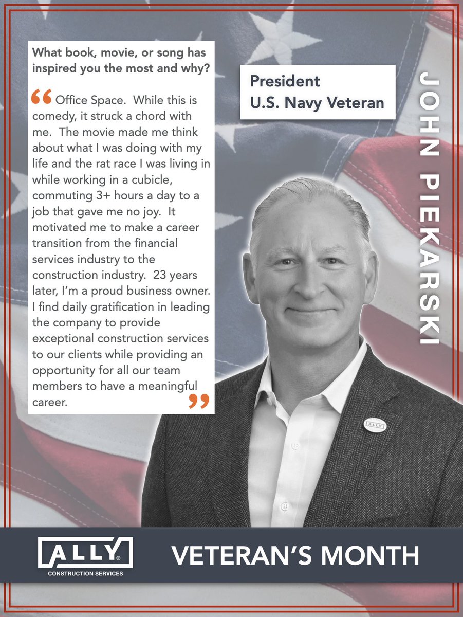 ALLYconstructs's tweet image. To celebrate Veterans Month, we’re spotlighting the incredible veterans on our team. First up is our President, John J. Piekarski Piekarski, a proud U.S. Navy Veteran. Follow along all month as we share more stories from our team members who have served!

#ALLYConstructionSvcs