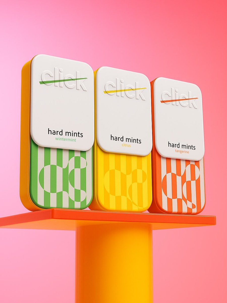 PENTAWARDS's tweet image. Sergio Laskin&apos;s #packagingdesign for click features a sleek design with bright colours that capture each mint flavour. Clean white lids embossed with the brand name pair with bold geometric patterns, creating a fresh, vibrant, and cohesive visual identity. #DailyDesignInspiration