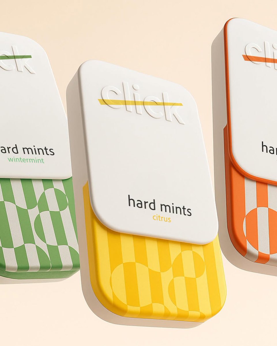 PENTAWARDS's tweet image. Sergio Laskin&apos;s #packagingdesign for click features a sleek design with bright colours that capture each mint flavour. Clean white lids embossed with the brand name pair with bold geometric patterns, creating a fresh, vibrant, and cohesive visual identity. #DailyDesignInspiration