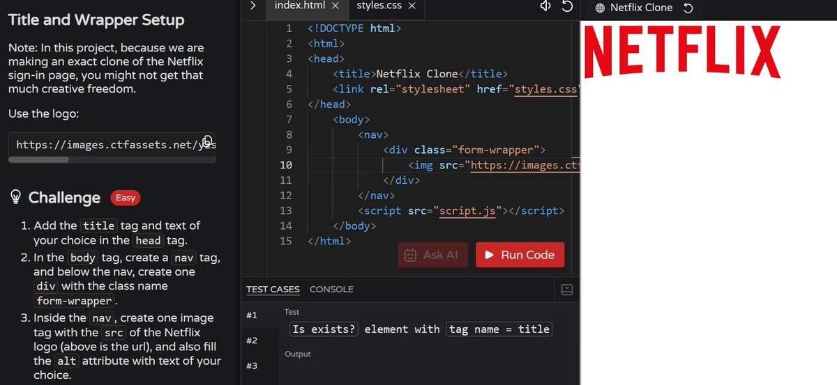 MoniTechCodes's tweet image. Day 100
Started with DSA basics 🧩
Started building a Netflix Sign-in Page Clone 🎬 (Front-end project)
100 days of showing up, learning, failing, growing 
#100DaysOfCode #FrontendDevelopment #DSA #CodingJourney #Consistency #30NitesOfCode #LearnInPublic 
codedex.io/community/30-n…