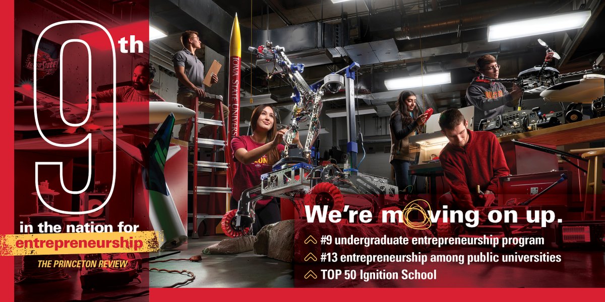 IowaStateU's tweet photo. Big ideas. Bold rankings.

#9 undergraduate entrepreneurship program 
The Princeton Review

#13 entrepreneurship among public universities 
 U.S. News &amp; World Report

Top 50 Ignition School 
 Fast Company and Inc.

Learn more: https://t.co/LQSQrxaj8i https://t.co/zNVtiOxqyF