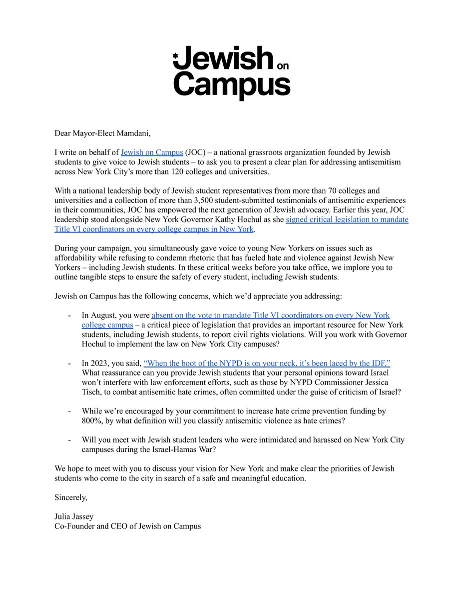 In a letter, Jewish on Campus asks Mayor-elect Mamdani to meet with Jewish student leaders who were harassed during the Gaza war and to "outline tangible steps to ensure the safety of every student, including Jewish students."