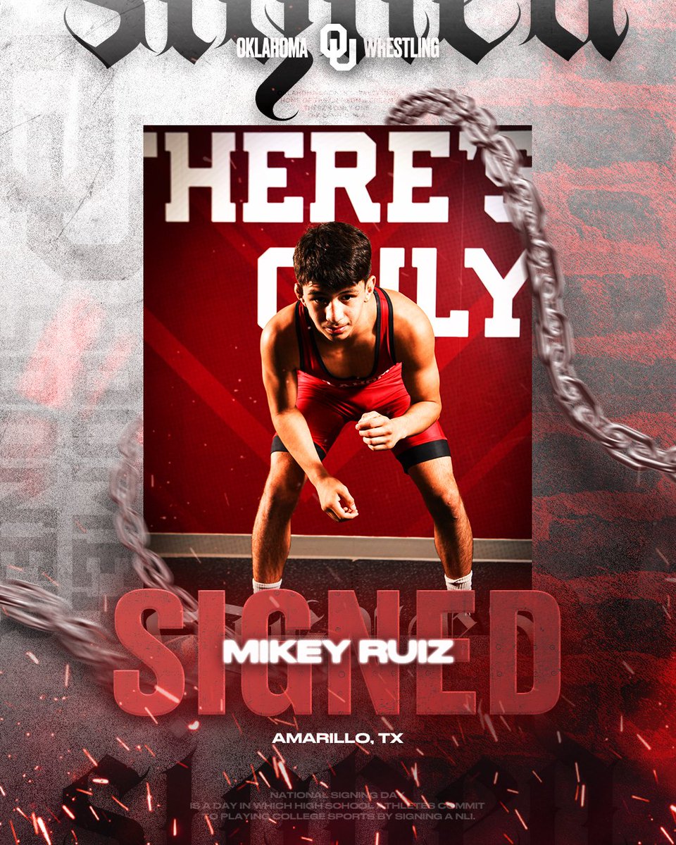 Welcome to Oklahoma, Mikey! ✍️

- No. 62 Recruit Nationally by MatScouts
- 3x UIL State Champion
- 2025 Fargo Junior Freestyle All-American
- 2024 KC Stampede Champion

#BoomerSooner☝️