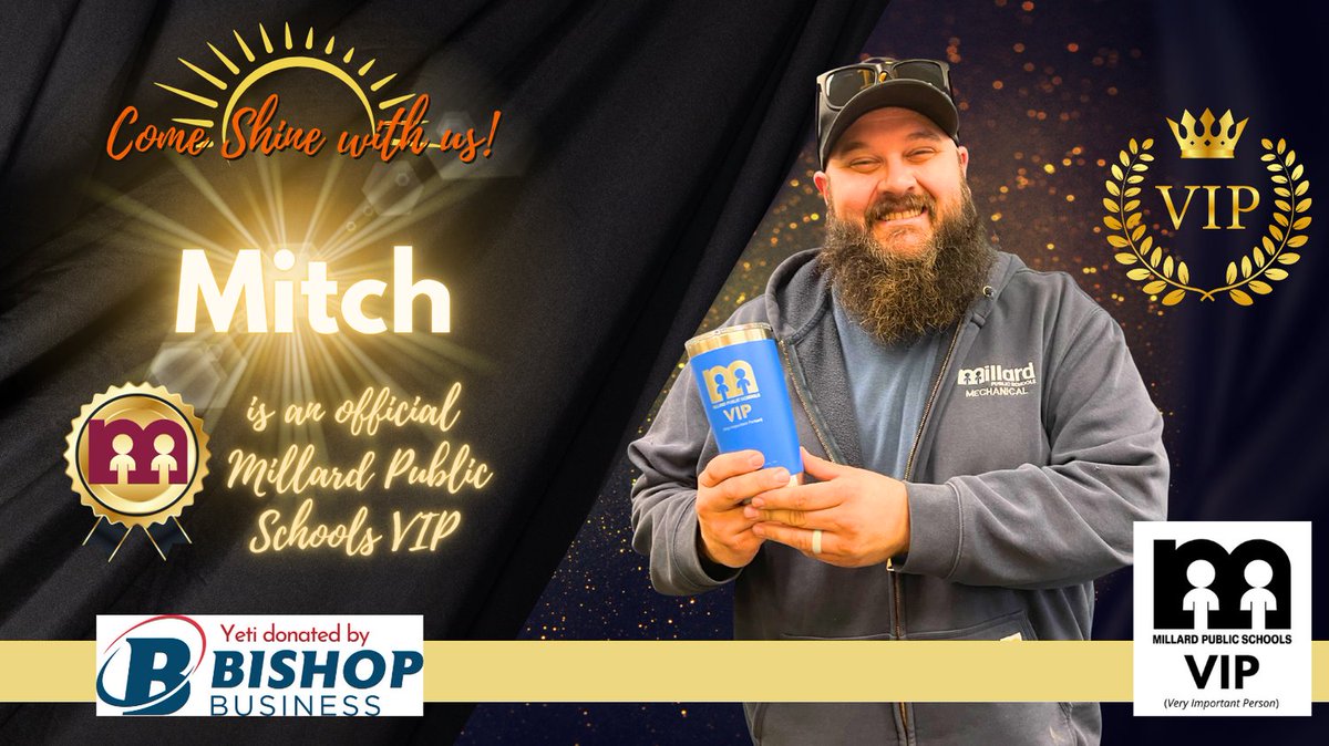 MPSHR's tweet photo. Congratulations, Mitch!  He is an official Millard Public Schools VIP! Mitch was presented with a Yeti Tumbler donated by Bishop Business for referring an employee to Millard Public Schools! #SHINEwithMPS #EmployeeReferrals https://t.co/CSgz3T5OZG @MPSFACILITIES https://t.co/t4BjqaQ2l2