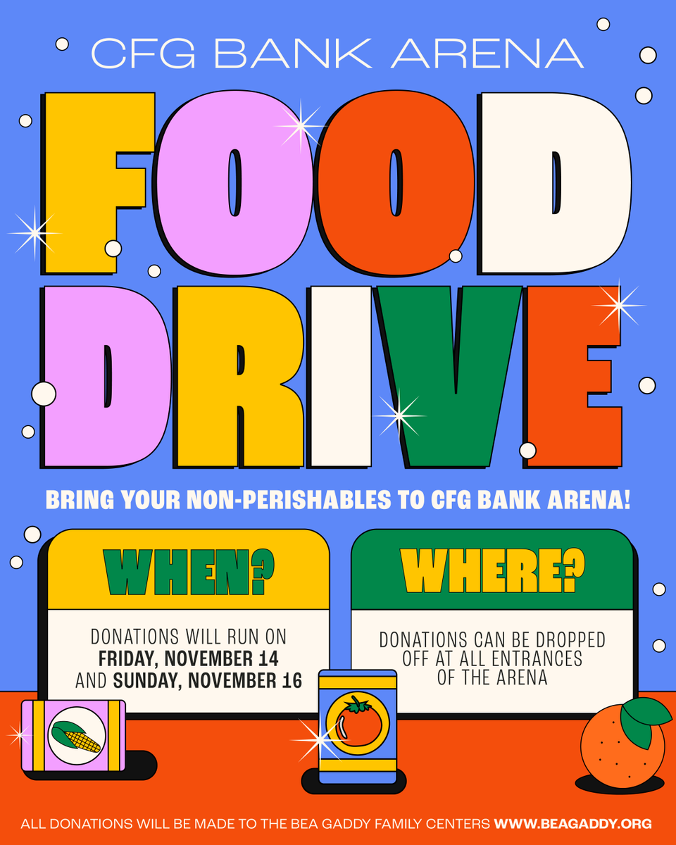 Join us in giving back this season! 🧡
 
We’re collecting non-perishable food items for the Bea Gaddy Family Centers. Donations can be dropped off at any Arena entrance that’s open for guests during Bert Kreischer on November 14th and Maroon 5 on November 16th.