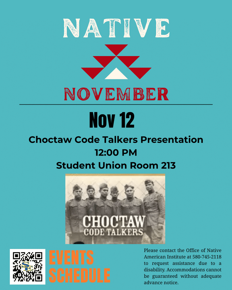 SE1909's tweet photo. Native November continues today, November 12, at 12:00 PM in Student Union Room 213 for a thrilling presentation on the Choctaw Code Talkers! ⚡
Can't make it in person? This event will also be livestreamed on our page ➡️ https://t.co/N3sCfvLXOJ
#NativeNovember https://t.co/8eG9NITkOb