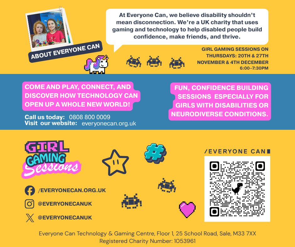 We’re really excited to share something new — The Girls’ Accessible Gaming Pilot!

This is a short series of three inclusive gaming sessions designed especially for girls aged 5–18 who have a neuro-diverse condition or registered disability. The sessions aim to create a fun,
