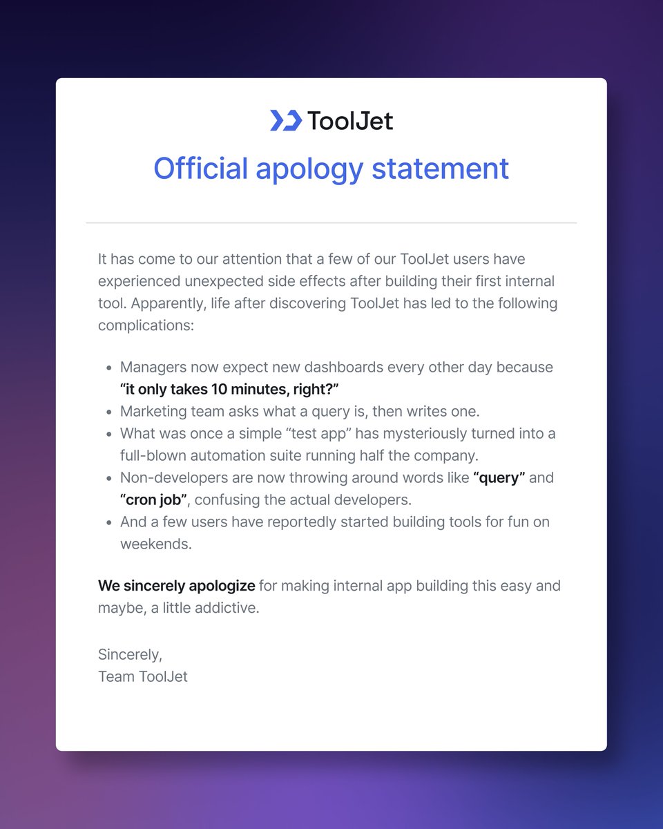 ToolJet's tweet photo. Given the recent controversy surrounding ToolJet, the team have released an official statement.

Thank you for your attention. https://t.co/ivH5OFjTT4