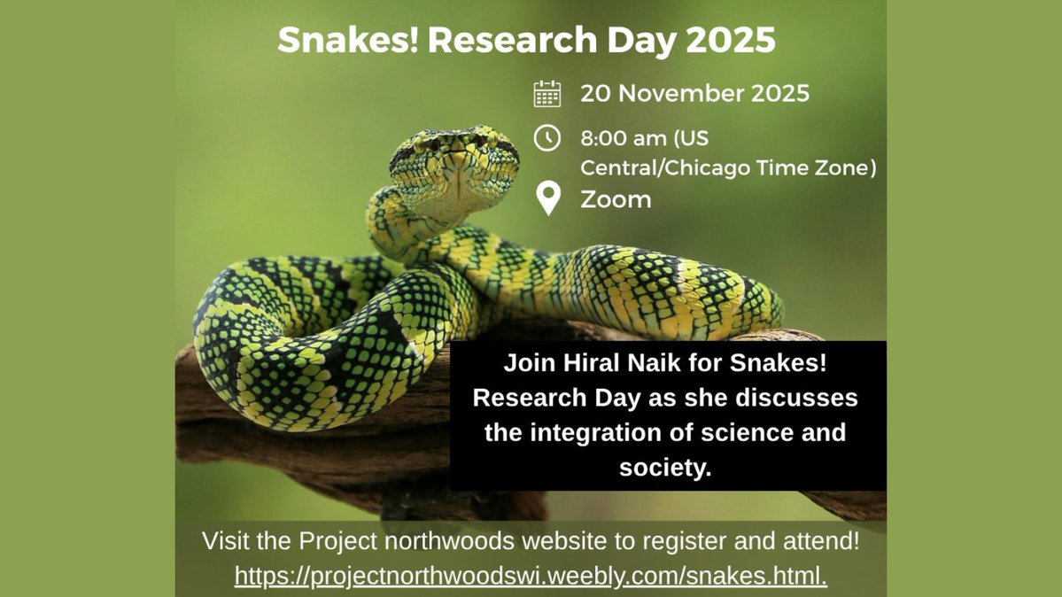 Join our Research and Conservation Manager Hiral Naik for Snakes! Research Day. She will be speaking about our work from around the world which focuses on integrating science and society. 

Presentations are online at 8am CST on 20 Nov 2025. Register here:
docs.google.com/forms/d/e/1FAI…