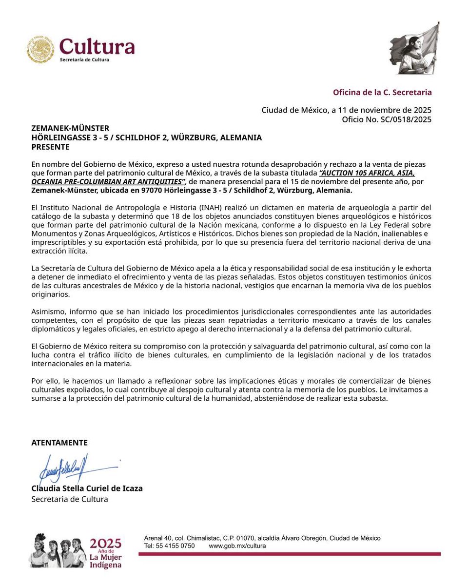 ccurieldeicaza's tweet image. El patrimonio arqueológico de México es testimonio vivo de la grandeza de las civilizaciones que nos antecedieron.
En la subasta “Auction 105 Africa, Asia, Oceania, Pre-Columbian Art Antiquities”, organizada por @ZemanekMuenster y programada para el 15 de noviembre de 2025 en…