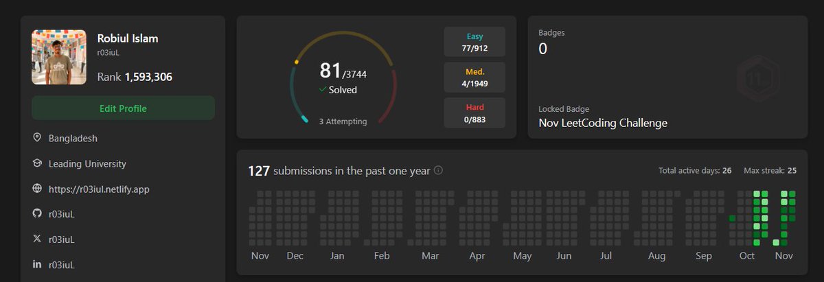 r03iul's tweet image. 🚀 Day 24 on LeetCode

🧠 I solved:
🔹 125. Valid Palindrome
🔹 977. Squares of a Sorted Array
Finally started exploring two-pointers 🏹
Even sick, consistency matters — small steps keep the momentum 💪
#LeetCode #JavaScript #TwoPointers #LearnInPublic #BuildInPublic
