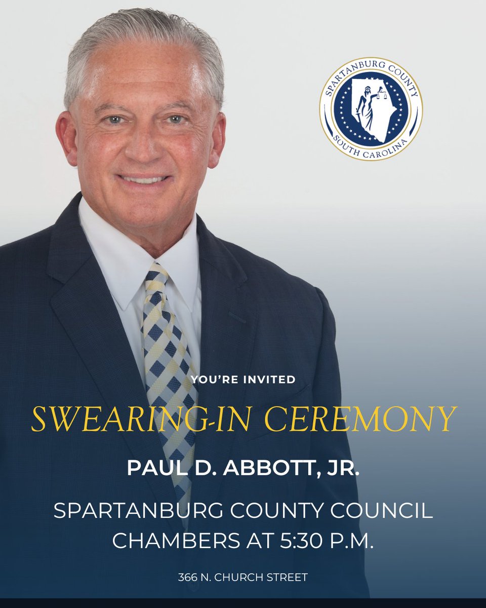 The Installation Ceremony for our newly elected member of Spartanburg  County Council, Paul D. Abbott, Jr., District 3 Representative, will be  held this evening in Council Chambers. This event is open to, image size:960x1200