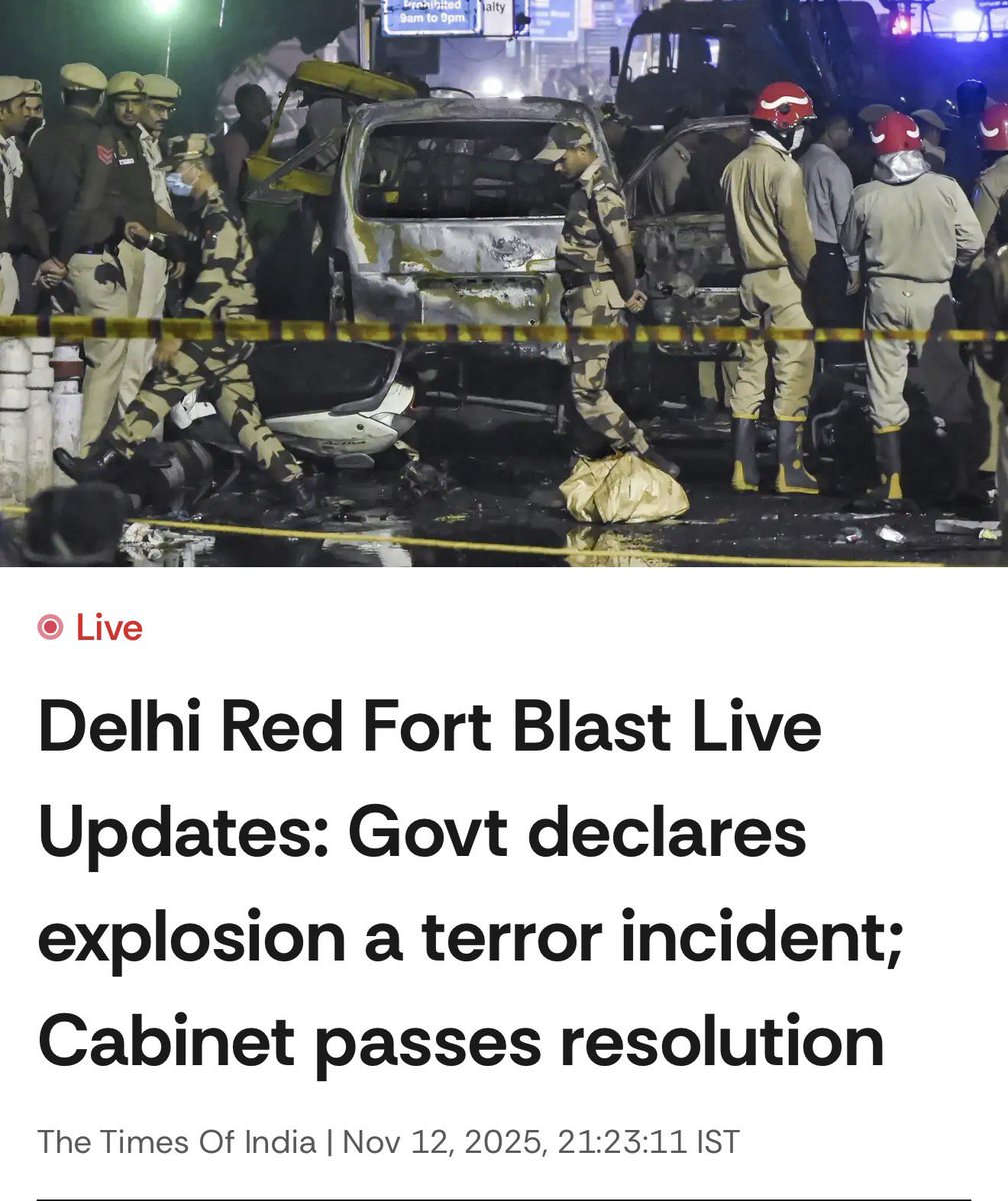 majorgauravarya's tweet photo. Government of India declares Red Fort explosion a heinous act of terror. The statement further also states…

“The Cabinet directs that the investigation into the incident be pursued with the utmost urgency and professionalism so that the perpetrators, their collaborators, and their sponsors are identified and brought to justice without delay. The situation continues to be closely monitored at the highest levels of the government.”

To read the complete press release, click here 👇

https://t.co/EV40MCy3Kk