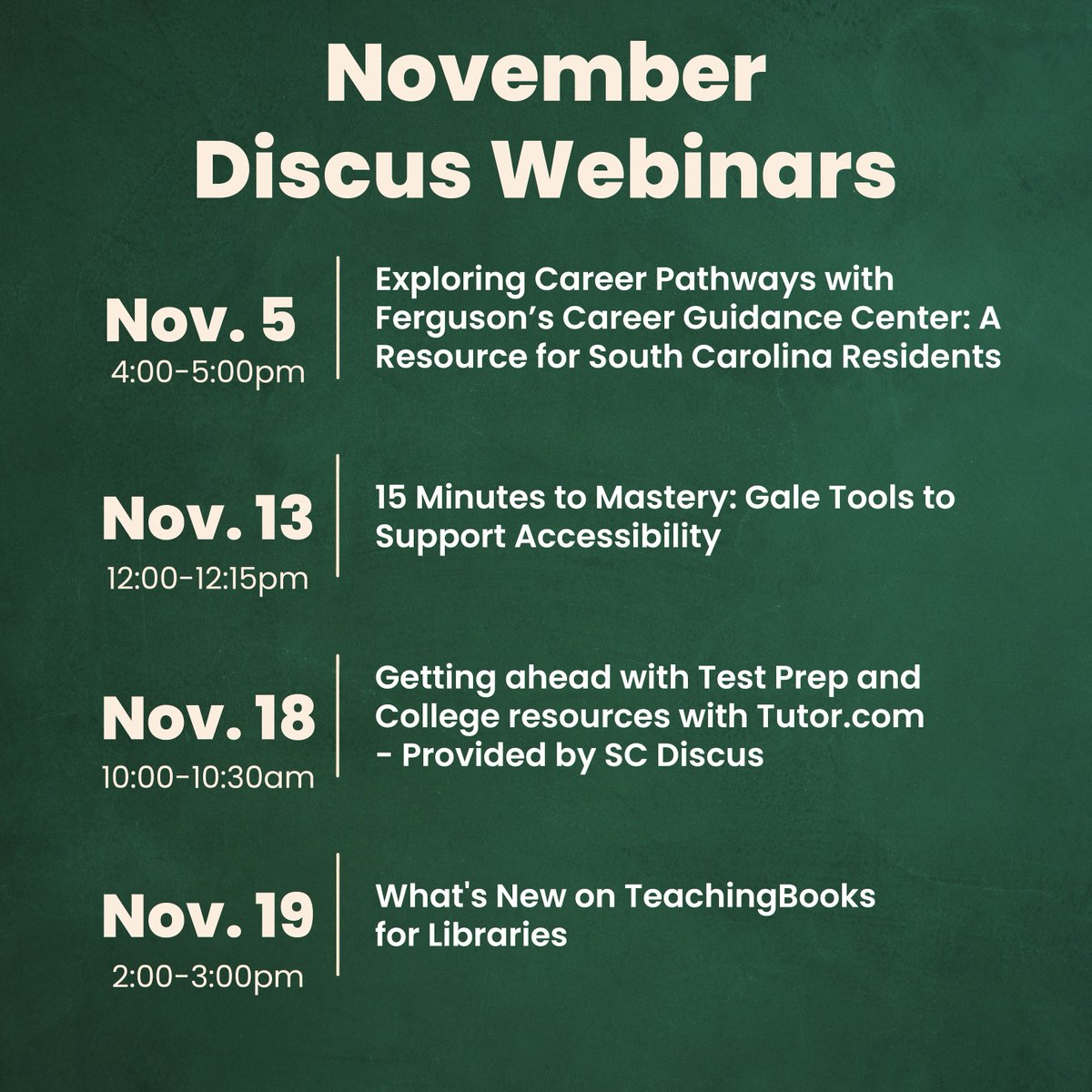 Looking for virtual Discus training? Join us for our November Discus Webinars! All sessions feature expert trainers on Discus resources.

To register, visit scdiscus.org/training-calen…