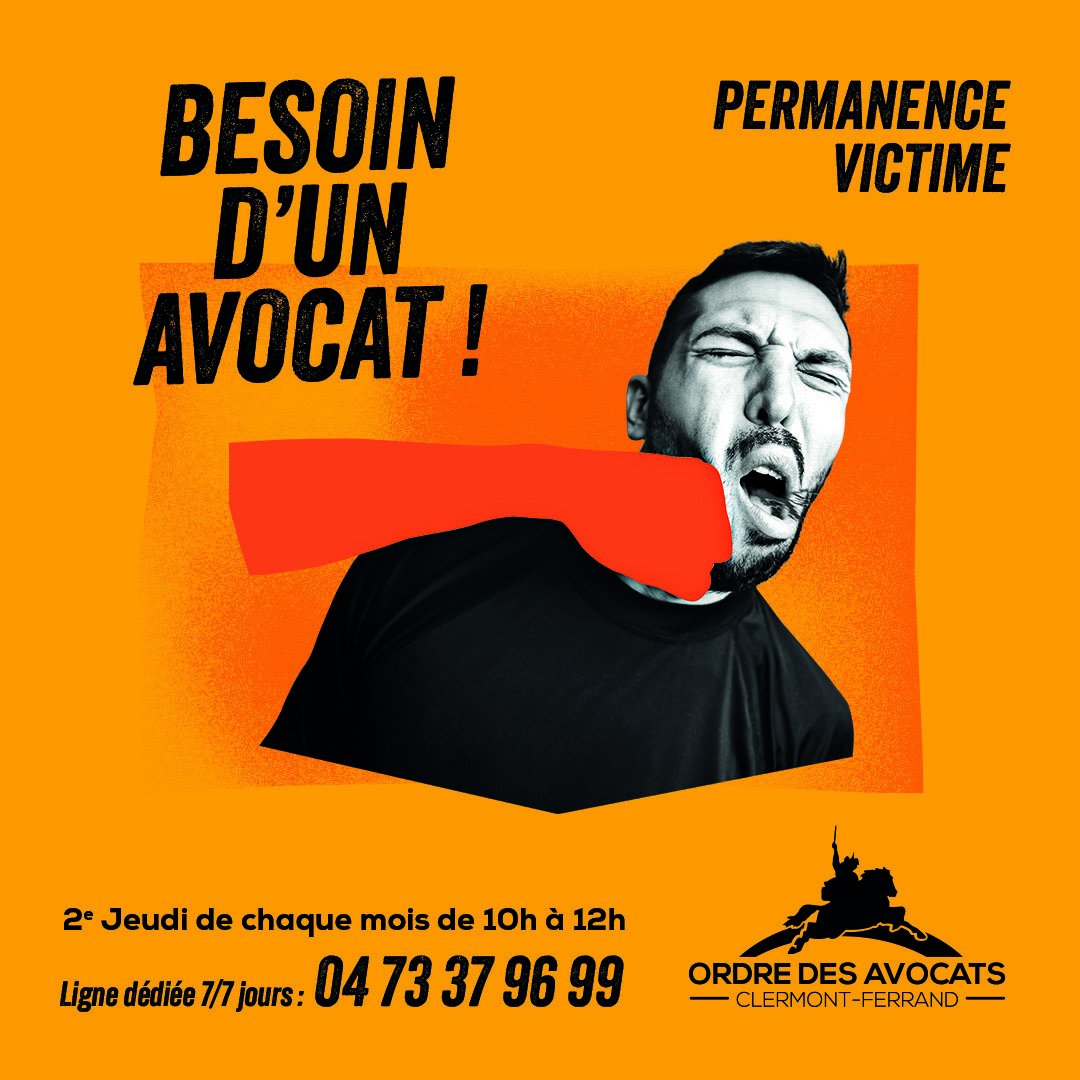 Vous êtes victime d’une infraction pénale (vol, violences, agression, incendie de voiture, etc...), la Permanence juridique Victime, c'est tous les 2e Jeudi de chaque mois, de 10h à 12h à la Maison de l'Avocat, au 9 rue Lamartine à Clermont-Fd. C'est gratuit et sans rendez-vous.