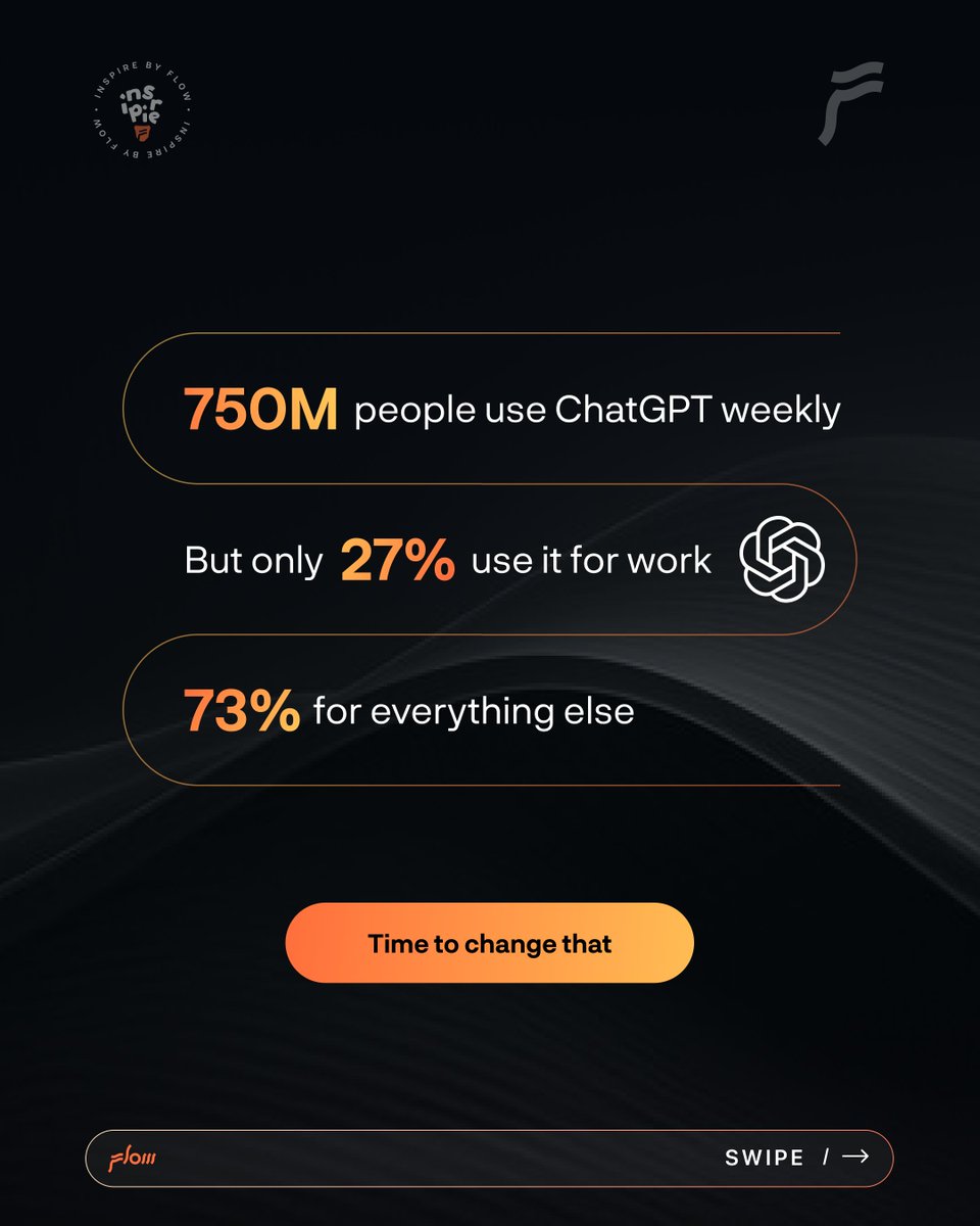 750 million people use ChatGPT weekly but only 27% use it for WORK.

Let's change that...

#InspirebyFlow #WinwithFlow