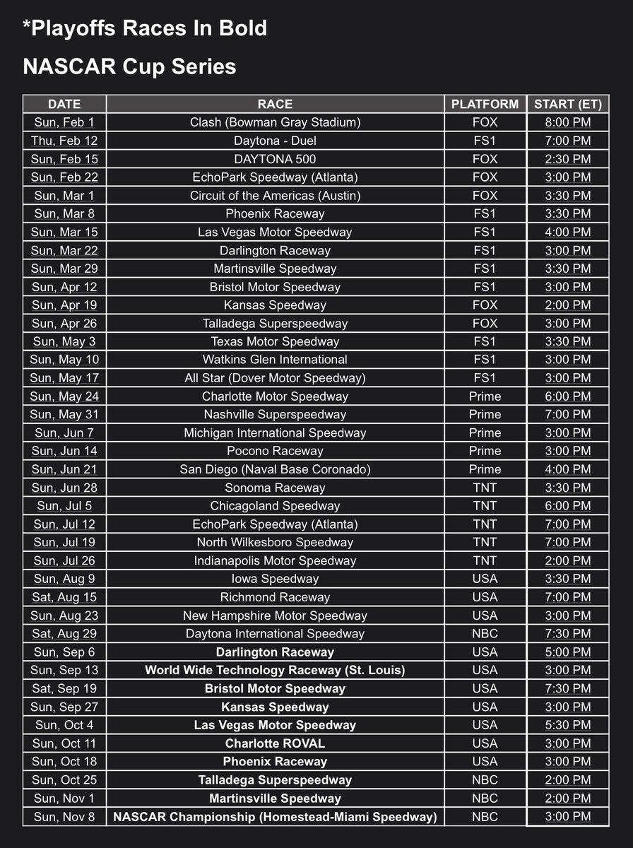 jeff_gluck's tweet image. FWIW: NASCAR has released the Cup Series start times/networks with the note “playoffs races in bold” and has a line in the news release that says: “USA Sports is home to the entire NASCAR Cup Series Playoffs” (USA Sports is a new name that now includes the races on USA and NBC).