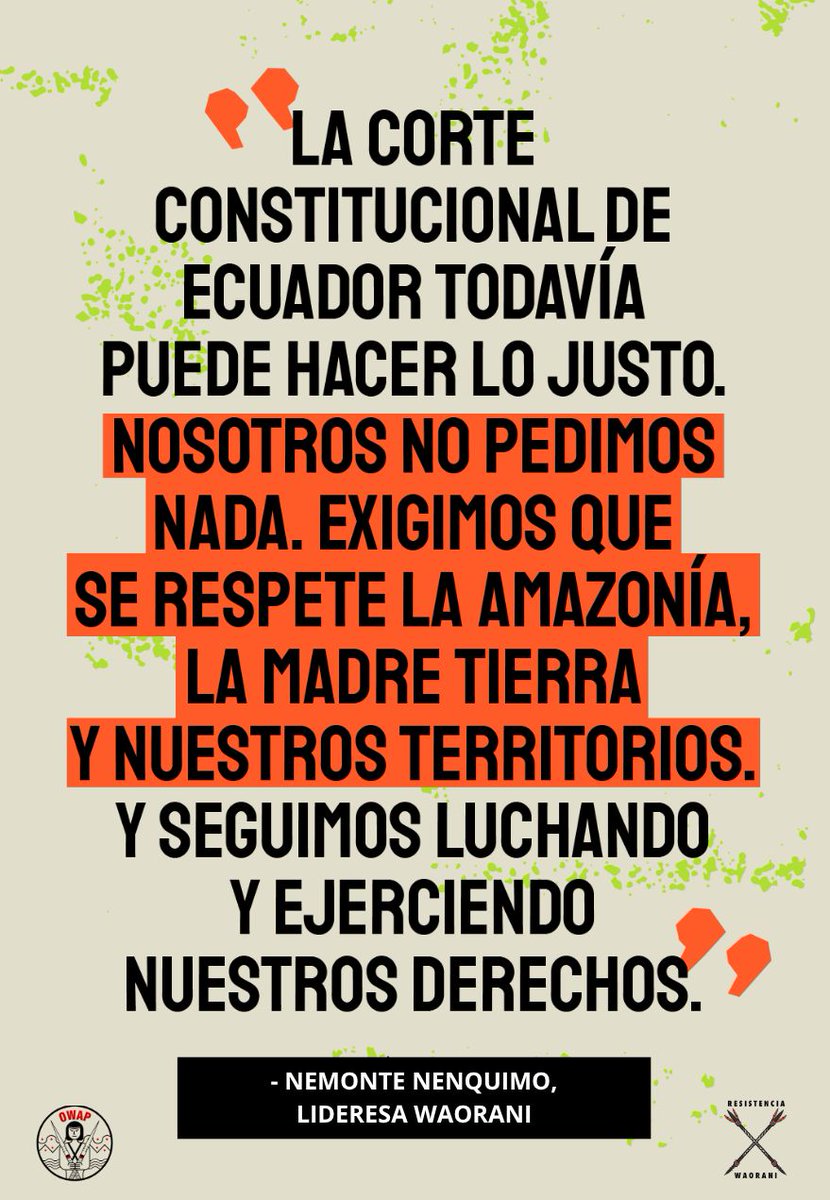 #RondaPetrolera amenaza nuevamente los Derechos de 7 nacionalidades, <a href="/CorteConstEcu/">Corte Constitucional</a> puede lograr un precedente histórico: sentar jurisprudencia en la consulta a pueblos y nacionalidades indígenas en riesgo ante proyectos petroleros.
#ResistenciaWaorani