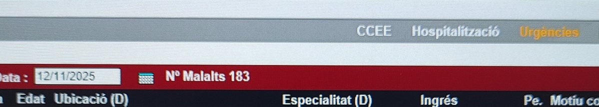 12/11/2025
183 pacients a Urgències de l'Hospital del Mar 
41 superen les 24 hores 
El més antic supera les 120 hores.
Pacient de 90 anys, supera les 59 hores
85 anys, 56 hores 
89 anys, 50 hores 
94 anys, 50 hores
94 anys, 48 hores
💬