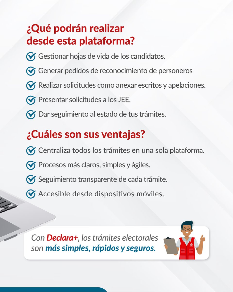 JNE_Peru's tweet photo. 📣Rumbo a las Elecciones Generales #EG2026 #12Abril🗳️
✅JNE ofrece renovada plataforma #Declara+ para que las agrupaciones políticas puedan realizar sus trámites electorales más simples, rápido y seguros. 

¿Sabes qué es Declara+? ¿Qué servicios brinda? 
Aquí te contamos⤵️ https://t.co/5MAwLRNeGe