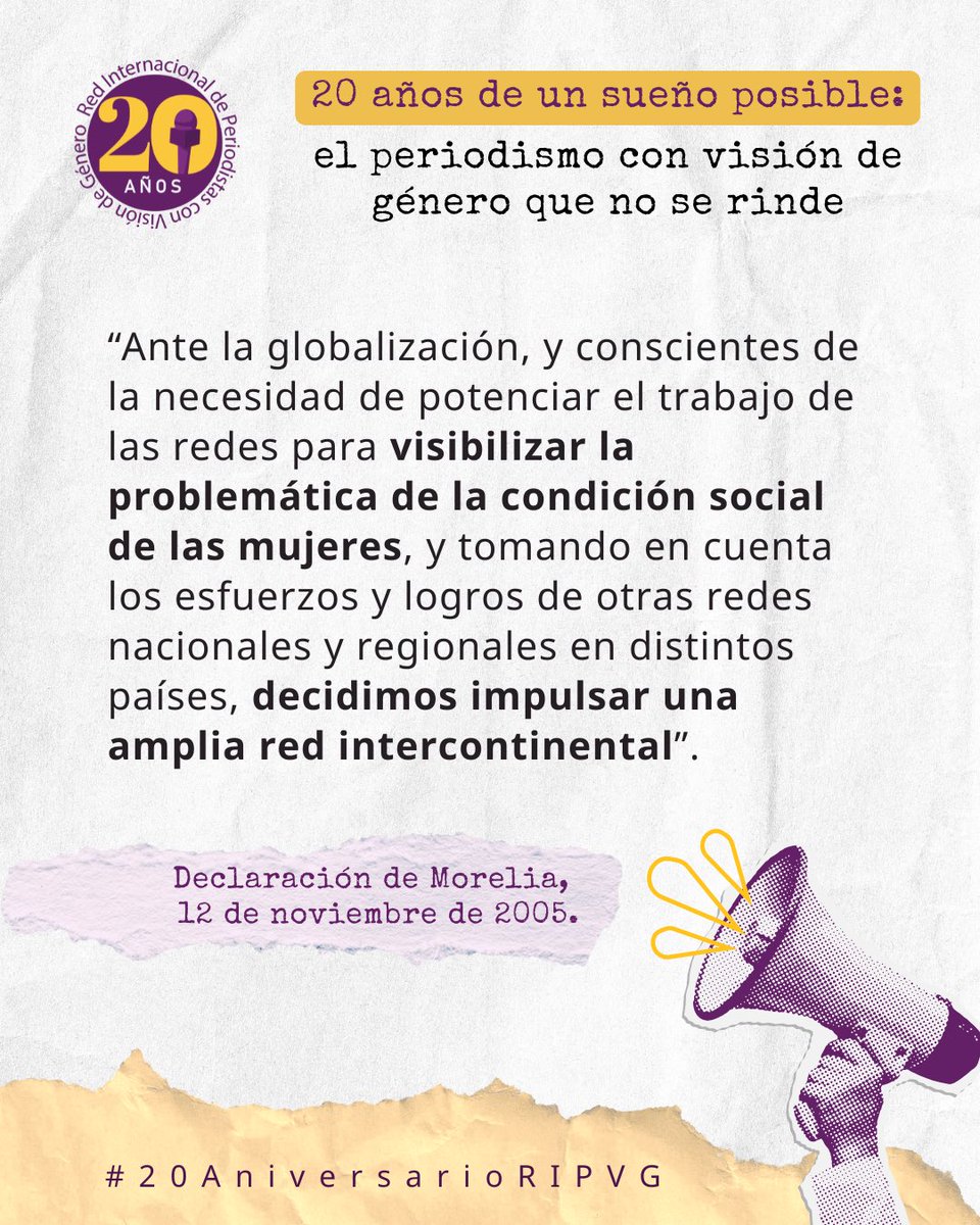 #20AniversarioRIPVG #MujeresPeriodistas
📣 20 años de un sueño posible: el periodismo con visión de género que no se rinde. Desde la #DeclaraciónDeMorelia 2005, la #RIPVG ha sido una red de sororidad por la libertad de las mujeres en los medios.
🔗 bit.ly/nota20anivripvg