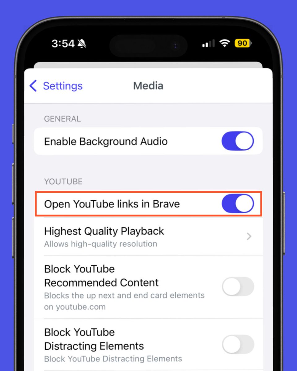 💡 Tip for Brave on iOS and Android: Make sure "Open YouTube links in Brave" is enabled under Settings > Media so you won't get bounced to the YouTube app when you click a video link.

This makes it easier to enjoy YouTube without ads or trackers!