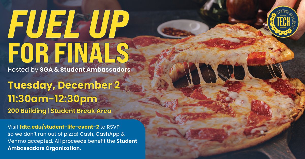 FloDar_Tech's tweet image. Don&apos;t run out of gas in the middle of finals! Drop by the 200 building to pick up pizza to Fuel Up For Finals. #FDTech #StingerNation #PeeDee