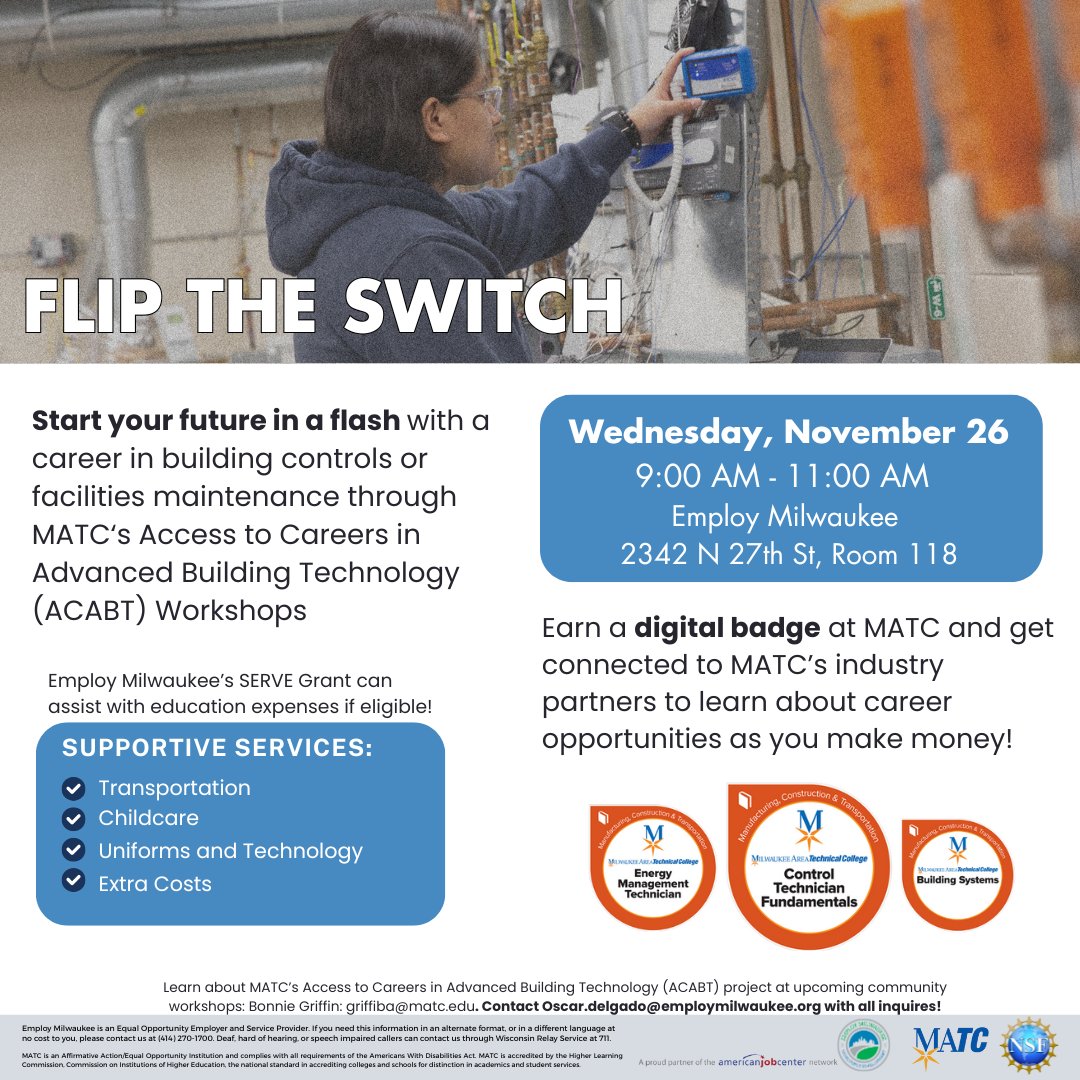 EmployMilwaukee's tweet image. Are you interested in a career in building controls or facilities maintenance? Join us November 26th! Register here: 🔗ow.ly/wviJ50Xq0FC
#milwaukee #jobs #MATC #workshop #careers #workforce