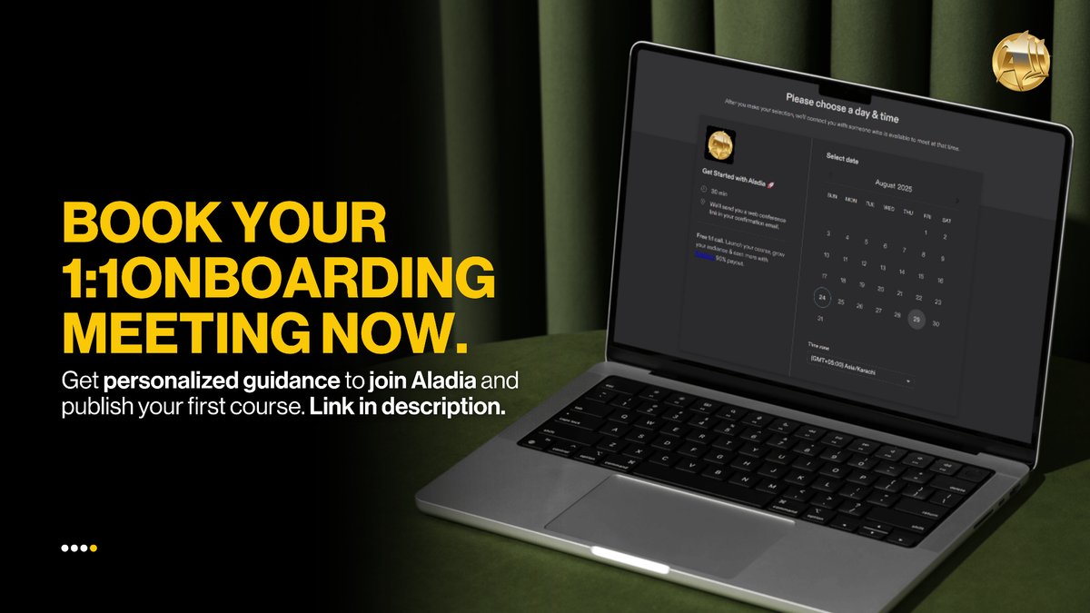 Aladiacorp's tweet photo. Starting as a teacher online can be tough.
With Aladia, you get 1:1 onboarding to set up, launch, and grow your first course confidently.
Build your academy the right way:
https://t.co/jWLsZnMDgI
π
Book your 1:1 Onboarding call:
https://t.co/JPQqEUWK4K
#TeachOnline #Aladia https://t.co/vASjx7EcJV