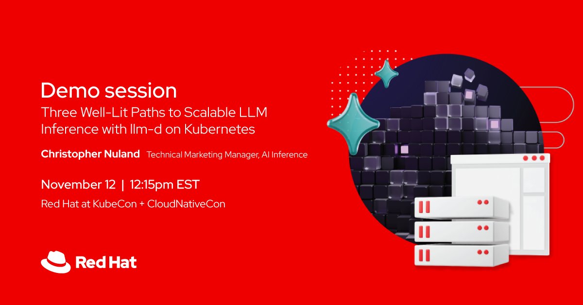 RedHatEvents's tweet image. 💡 &quot;Three Well-Lit Paths to Scalable LLM Inference with llm-d on Kubernetes&quot; demo is starting soon at the #KubeCon Solutions Showcase demo theatre. See you there.  red.ht/KubeConNA-2025