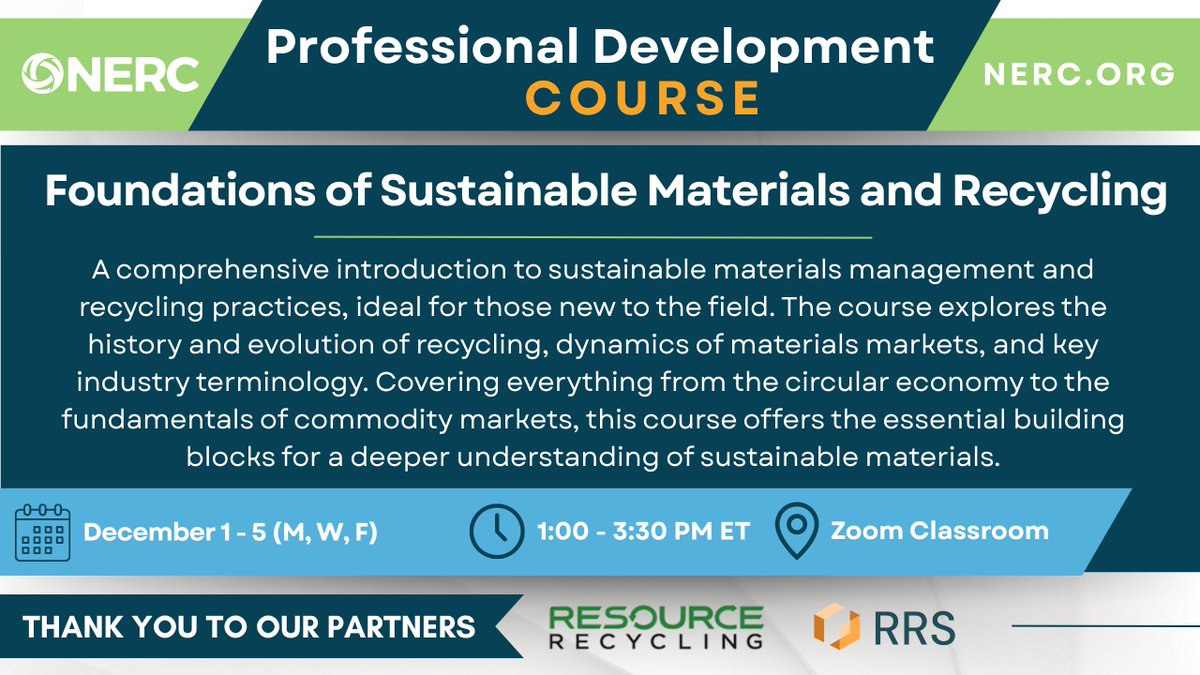 Our Foundations of Sustainable Materials and Recycling course will provide a comprehensive introduction to sustainable materials management and recycling practices. Join us December 1st - 5th! Learn More &amp; Register Today: bit.ly/3XqoA04

<a href="/rrecycling/">Resource Recycling</a> <a href="/recycle_com/">RRS</a>