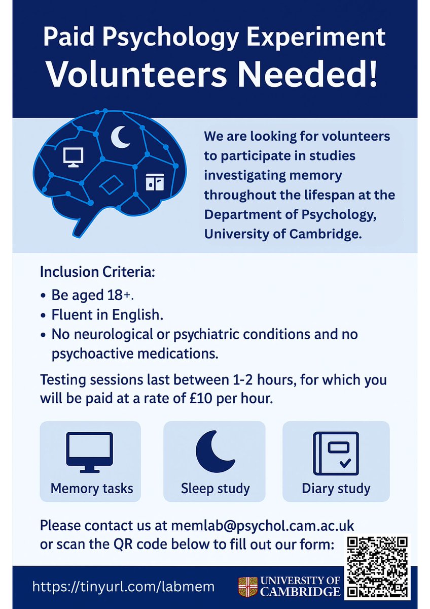 kasia_mojescik's tweet image. We are recruiting volunteers for in-person studies run by the Memory Lab at the University of Cambridge. 

If you are interested, please complete this form: cambridge.eu.qualtrics.com/jfe/form/SV_8q…

If you have any questions, please email memlab@psychol.cam.ac.uk