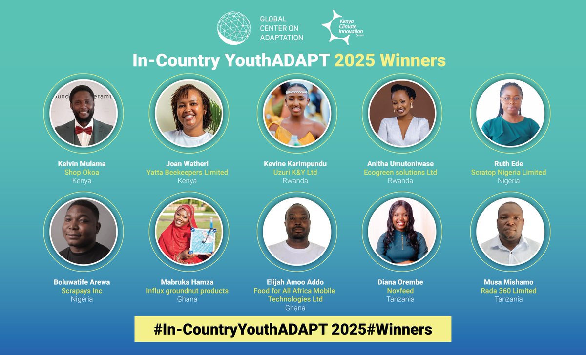 KenyaCIC's tweet photo. Earlier today at #COP30, we unveiled the 10 finalists of the 2025 In-Country YouthADAPT Challenge, comprising of young entrepreneurs from 🇰🇪 Kenya, 🇷🇼 Rwanda, 🇳🇬 Nigeria, 🇬🇭 Ghana, and 🇹🇿 Tanzania developing practical solutions that strengthen climate adaptation and resilience across Africa.

Led by @GCAdaptation under the African Adaptation Acceleration Program (AAAP) and implemented by the Kenya Climate Innovation Center (KCIC), the Challenge supports youth-led MSMEs driving innovation across #foodsecurity and resilient #infrastructure — key priorities for the continent’s adaptation agenda.

Each winning enterprise will receive $30,000 in grant and de-risking investment support, along with a 12-month acceleration program, mentorship, and access to investor and partner networks to scale their climate solutions.

The unveiling at #COP30 highlights the critical role of young innovators in driving locally led adaptation and building a more resilient, sustainable future for Africa.