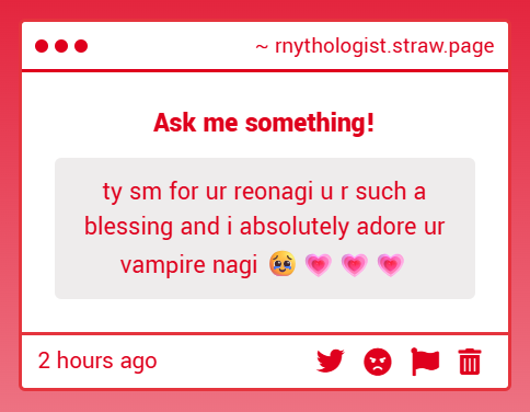 rynthologist's tweet photo. oh my goodness my first message &amp; its not hate !!! 🤩 yayyy !!! 🥺 no, ty sm for UR sweet message !! ❤️ ive been slacking on the vampire nagis... but ill lock in... for u...!! https://t.co/BUF02jgKpn