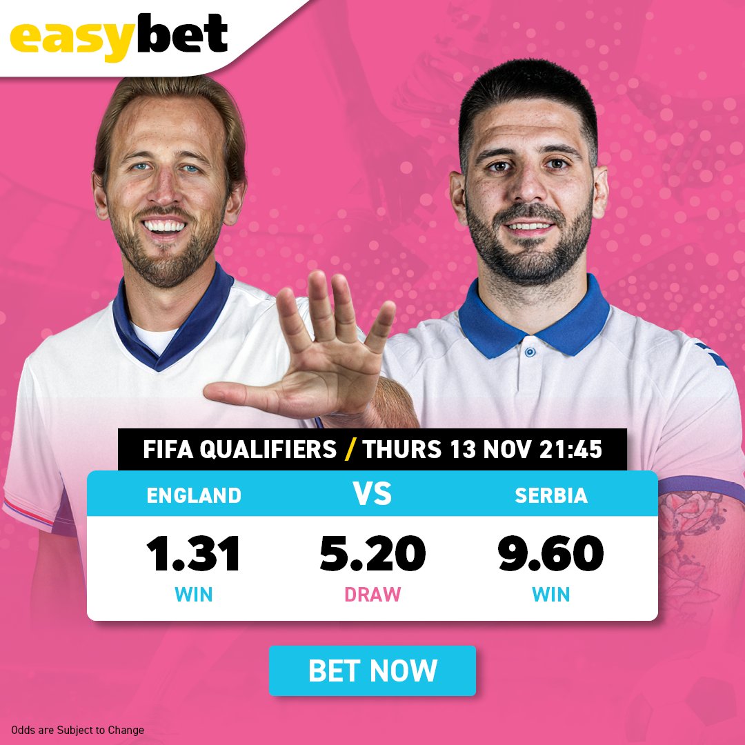 ⚽ England vs Serbia 🔥 Tomorrow!

England look sharp and hungry with Kane leading the line, while Serbia fight to spoil the party with Mitrović up front. Expect goals, grit, and drama under the Wembley lights! 💥

👉 Bet now: sport.easybet.co.za/sports/match/f…

#Easybet #FIFAQualifiers